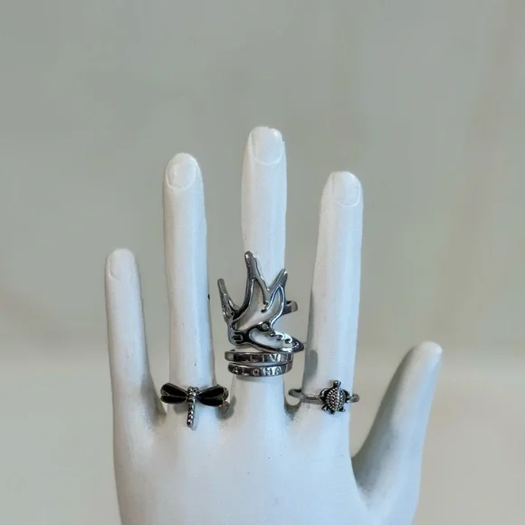 Hawaii-Inspired Silver Ring Set β bird, turtle, dragonfly, aloha - Picture 2 of 3